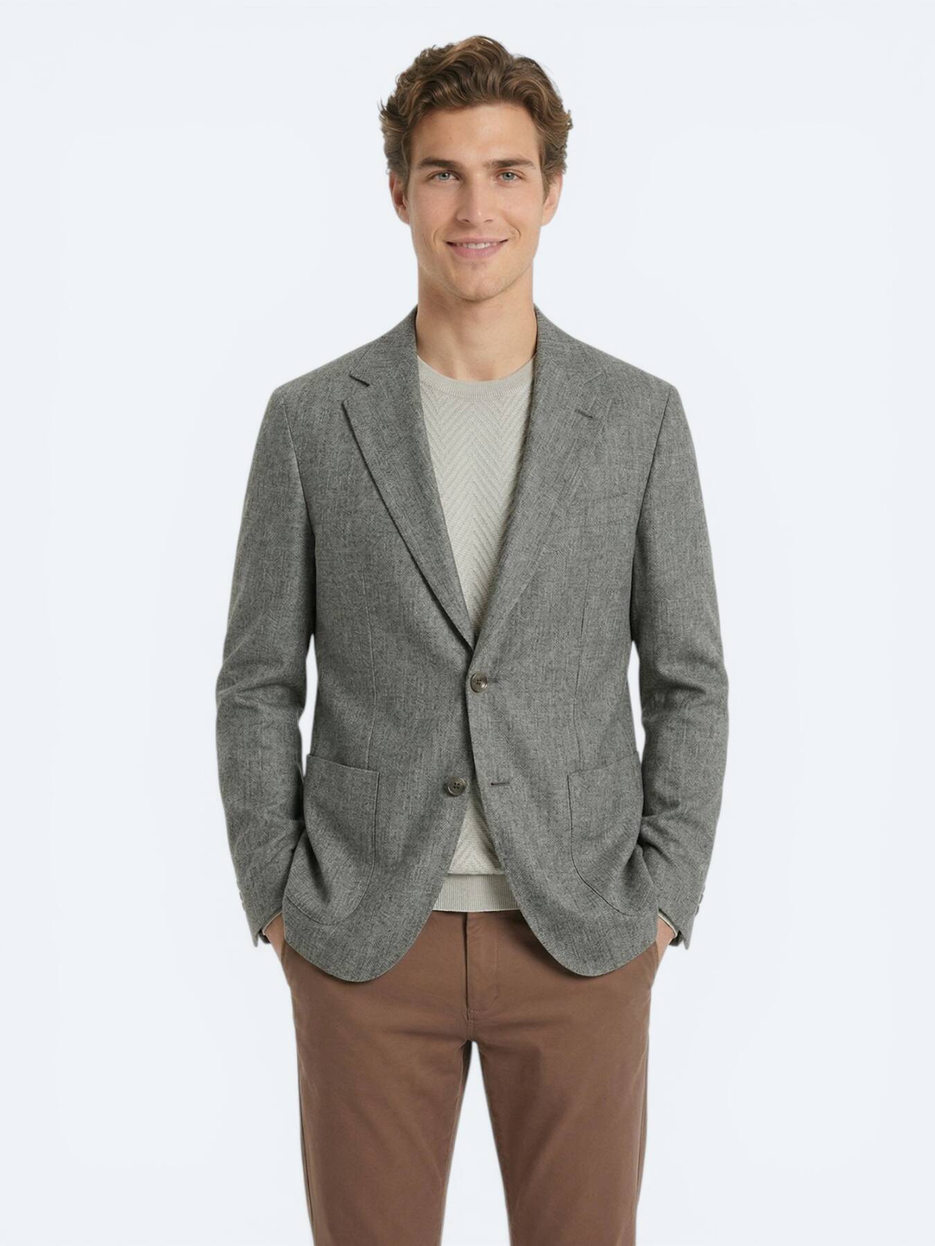 Haki Desenli Modern Fit Keten Karışımlı Ceket