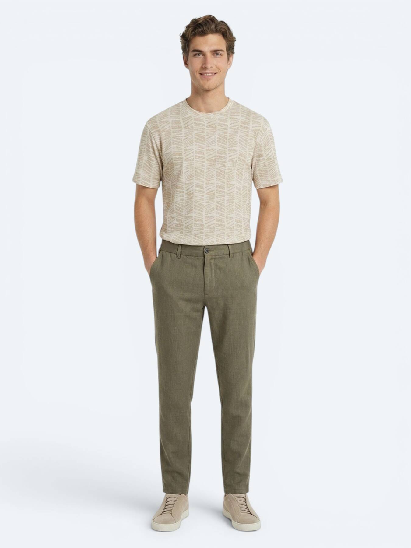 Haki Dokuma Relaxed Fit Casual Pamuk Karışımlı Pantolon