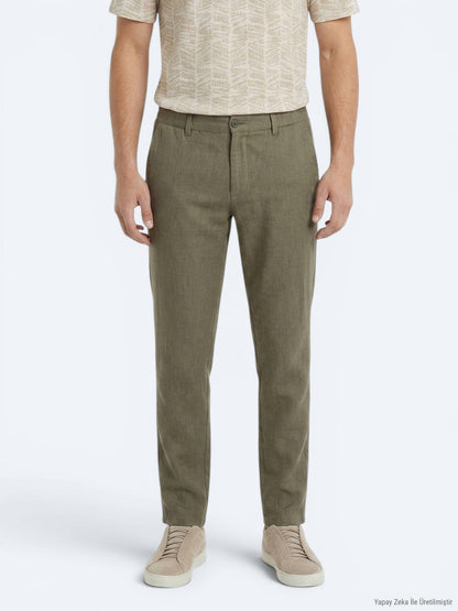 Haki Dokuma Relaxed Fit Casual Pamuk Karışımlı Pantolon