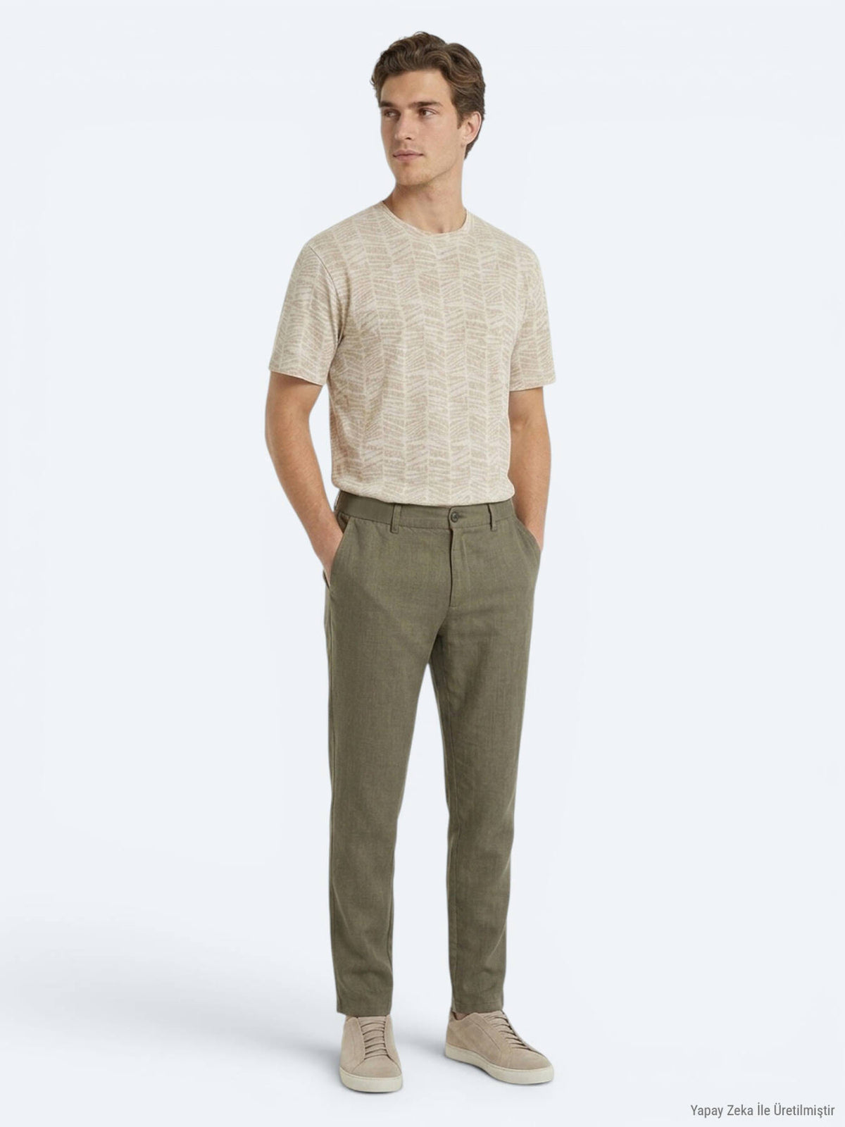 Haki Dokuma Relaxed Fit Casual Pamuk Karışımlı Pantolon