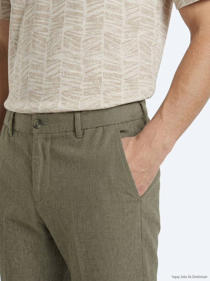 Haki Dokuma Relaxed Fit Casual Pamuk Karışımlı Pantolon
