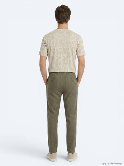 Haki Dokuma Relaxed Fit Casual Pamuk Karışımlı Pantolon