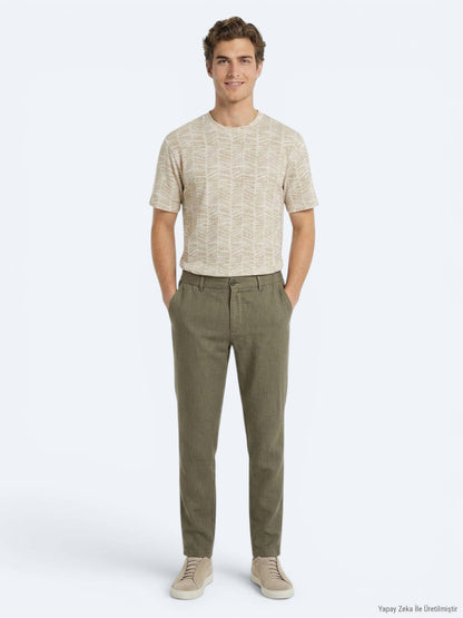 Haki Dokuma Relaxed Fit Casual Pamuk Karışımlı Pantolon
