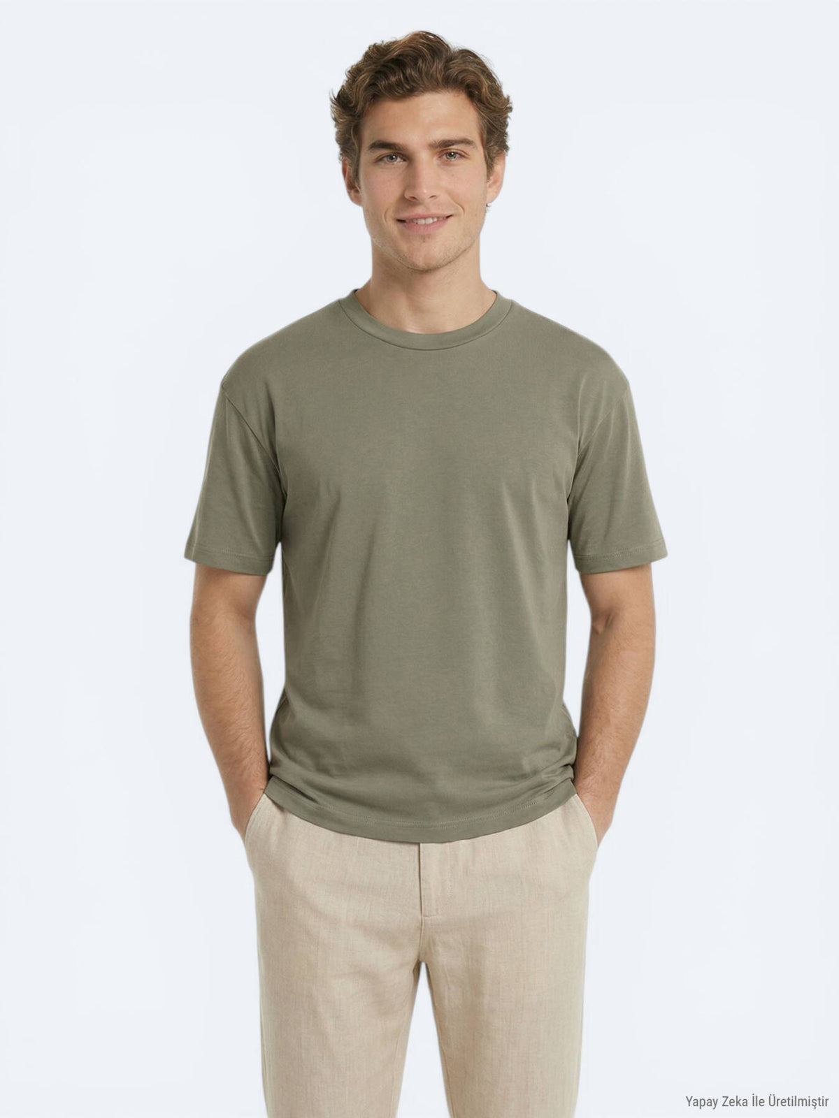 Haki Düz %100 Pamuk T-shirt