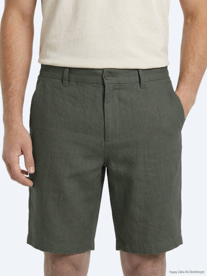 Haki Düz Dokuma Jogging Fit Casual Pamuk Karışımlı Bermuda
