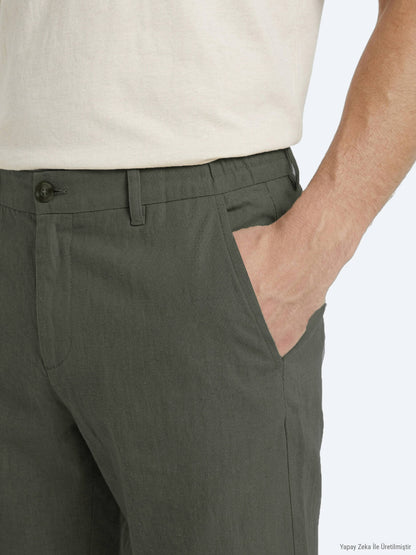 Haki Düz Dokuma Jogging Fit Casual Pamuk Karışımlı Bermuda