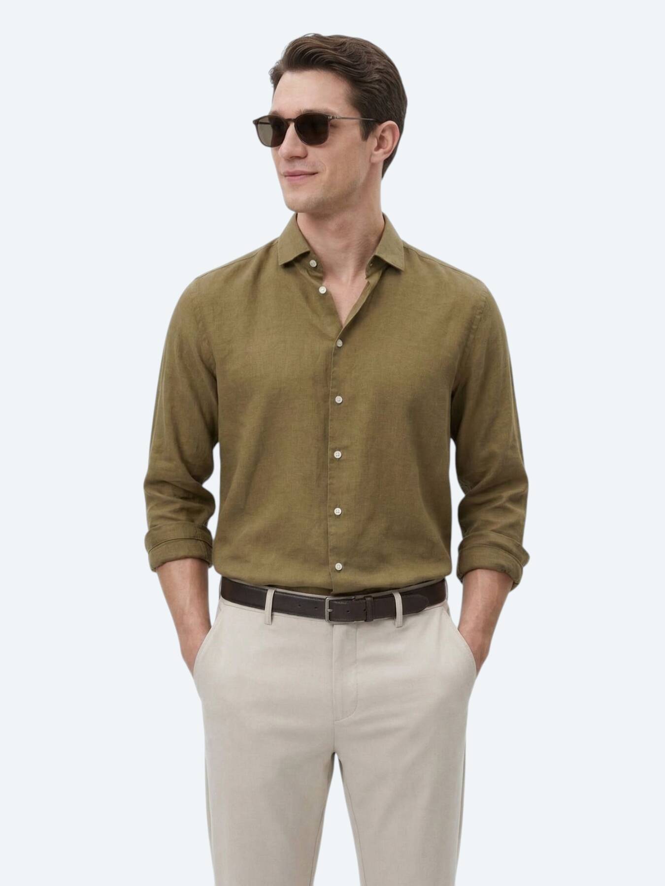 Haki Düz Regular Fit Uzun Dokuma Casual Pamuk Karışımlı Gömlek