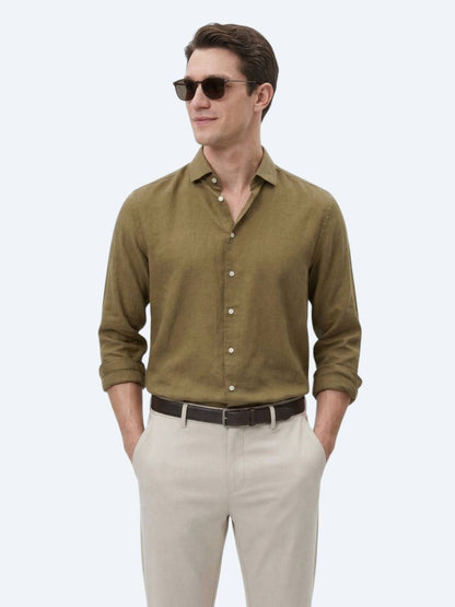 Haki Düz Regular Fit Uzun Dokuma Casual Pamuk Karışımlı Gömlek