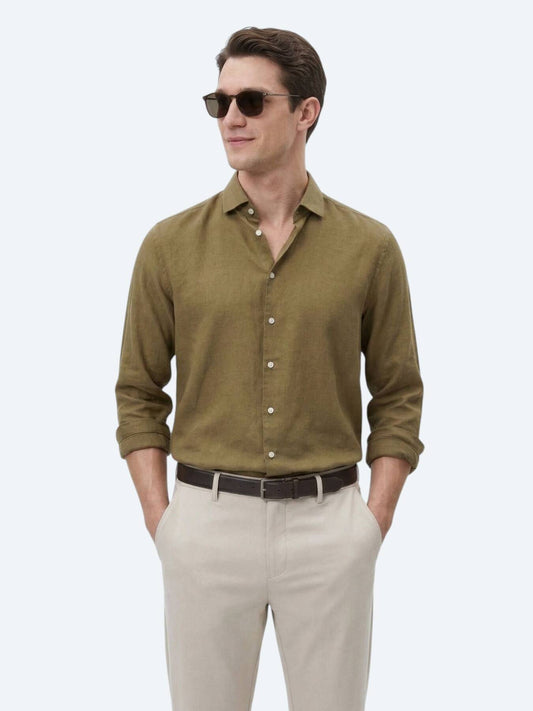 Haki Düz Regular Fit Uzun Dokuma Casual Pamuk Karışımlı Gömlek