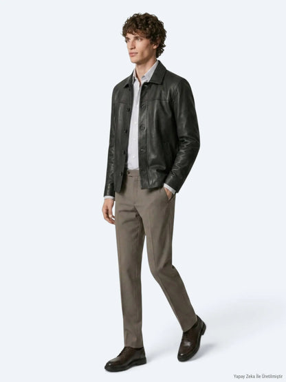 Haki Regular Fit Gömlek Yaka Casual Deri Deri Mont