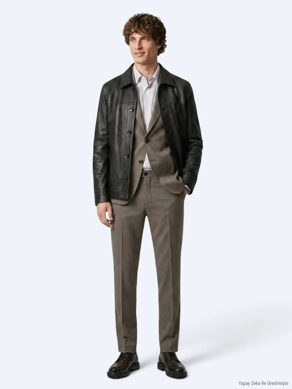Haki Regular Fit Gömlek Yaka Casual Deri Deri Mont
