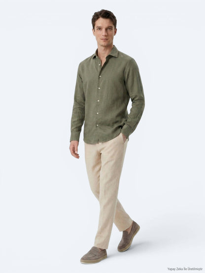 Haki Regular Fit Uzun Dokuma Casual Pamuk Karışımlı Gömlek