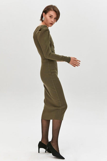 Haki Tek Kollu Midi Elbise