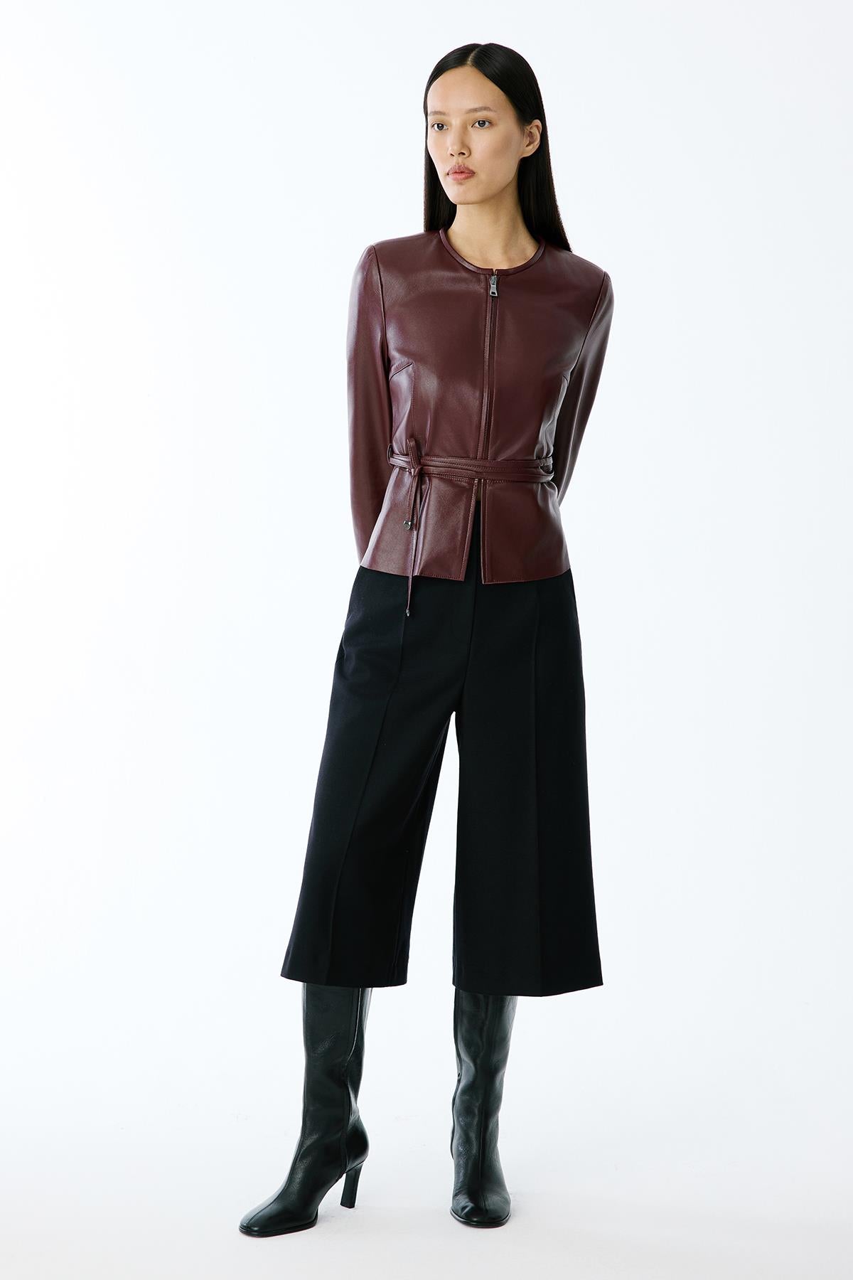 Hakiki Deri Sıfır Yaka Bordo Ceket