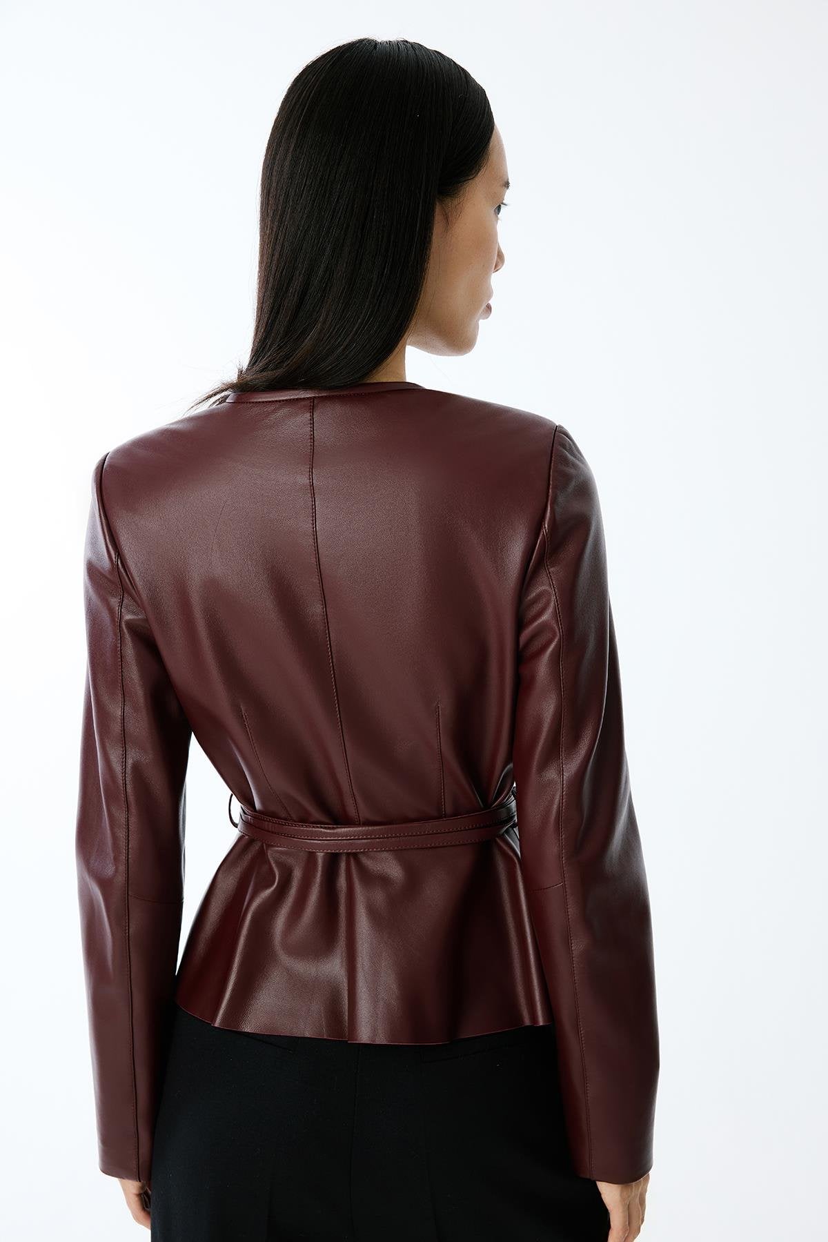 Hakiki Deri Sıfır Yaka Bordo Ceket