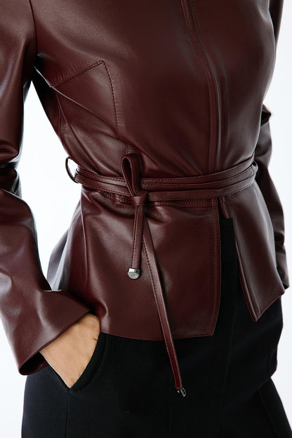 Hakiki Deri Sıfır Yaka Bordo Ceket