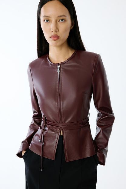 Hakiki Deri Sıfır Yaka Bordo Ceket