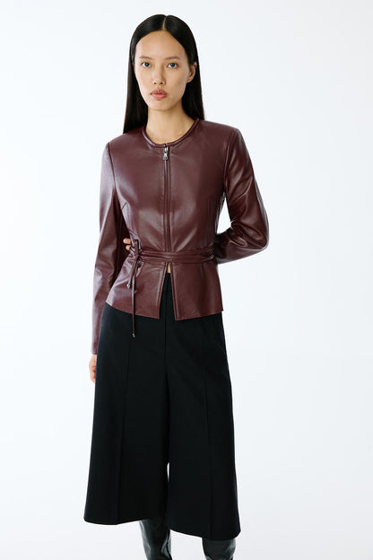 Hakiki Deri Sıfır Yaka Bordo Ceket