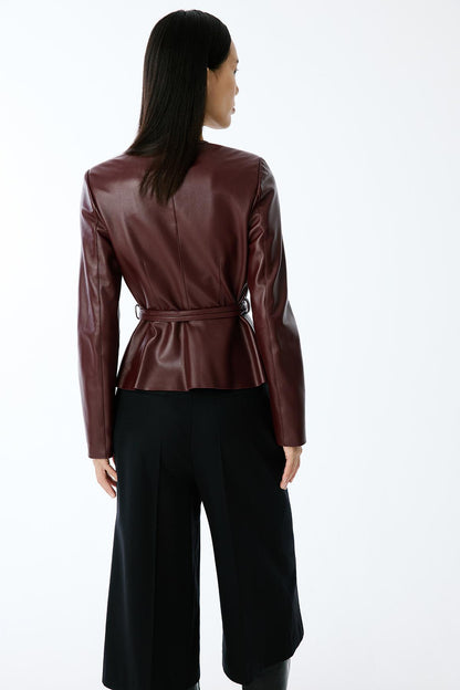 Hakiki Deri Sıfır Yaka Bordo Ceket