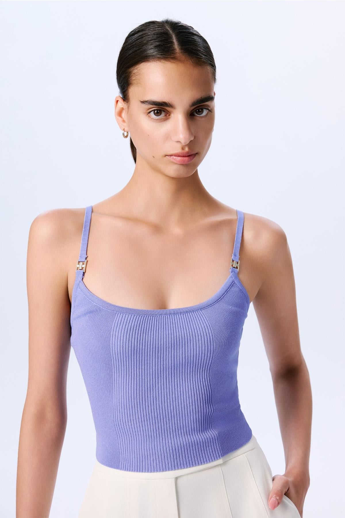 Ince Askılı Şeritli Crop Triko Indigo Bluz