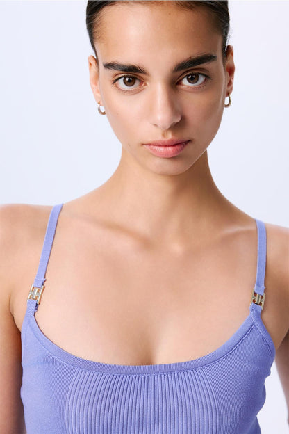 Ince Askılı Şeritli Crop Triko Indigo Bluz