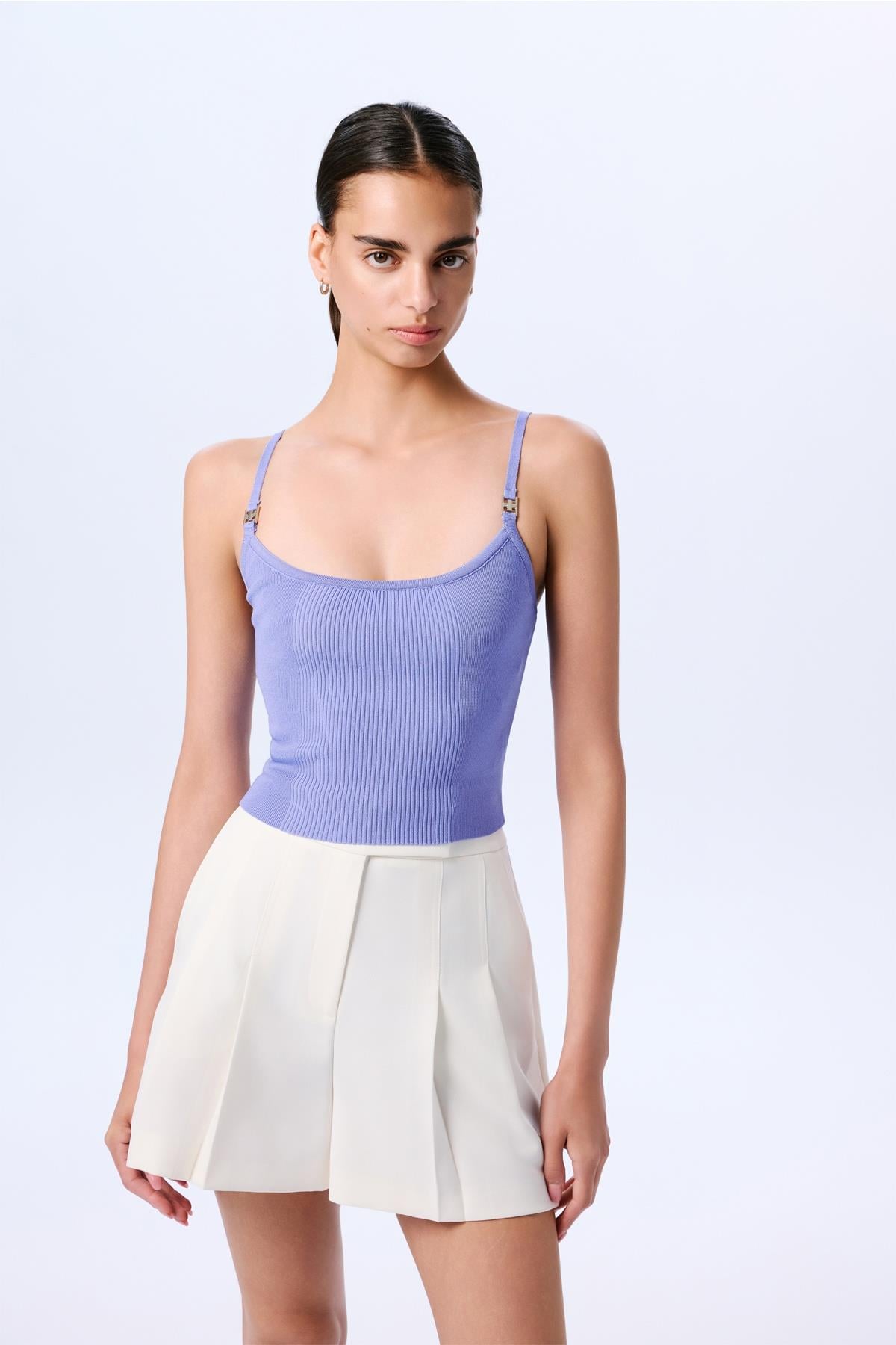 Ince Askılı Şeritli Crop Triko Indigo Bluz