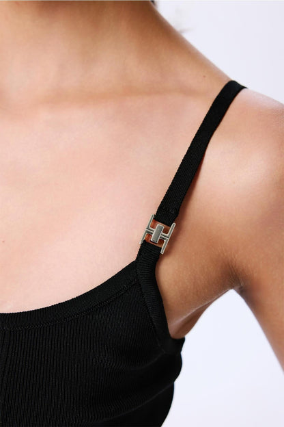 Ince Askılı Şeritli Crop Triko Siyah Bluz