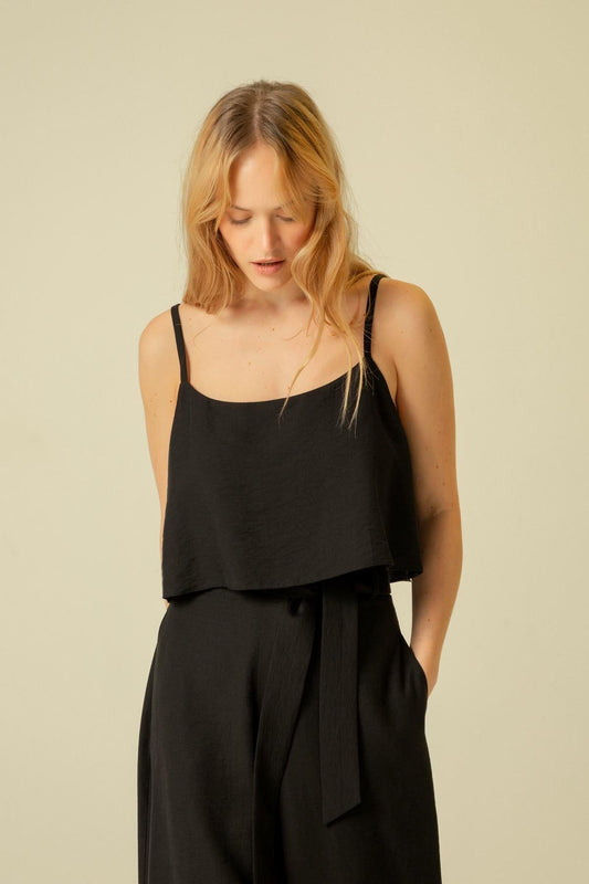 Ince Askılı Siyah Crop Top