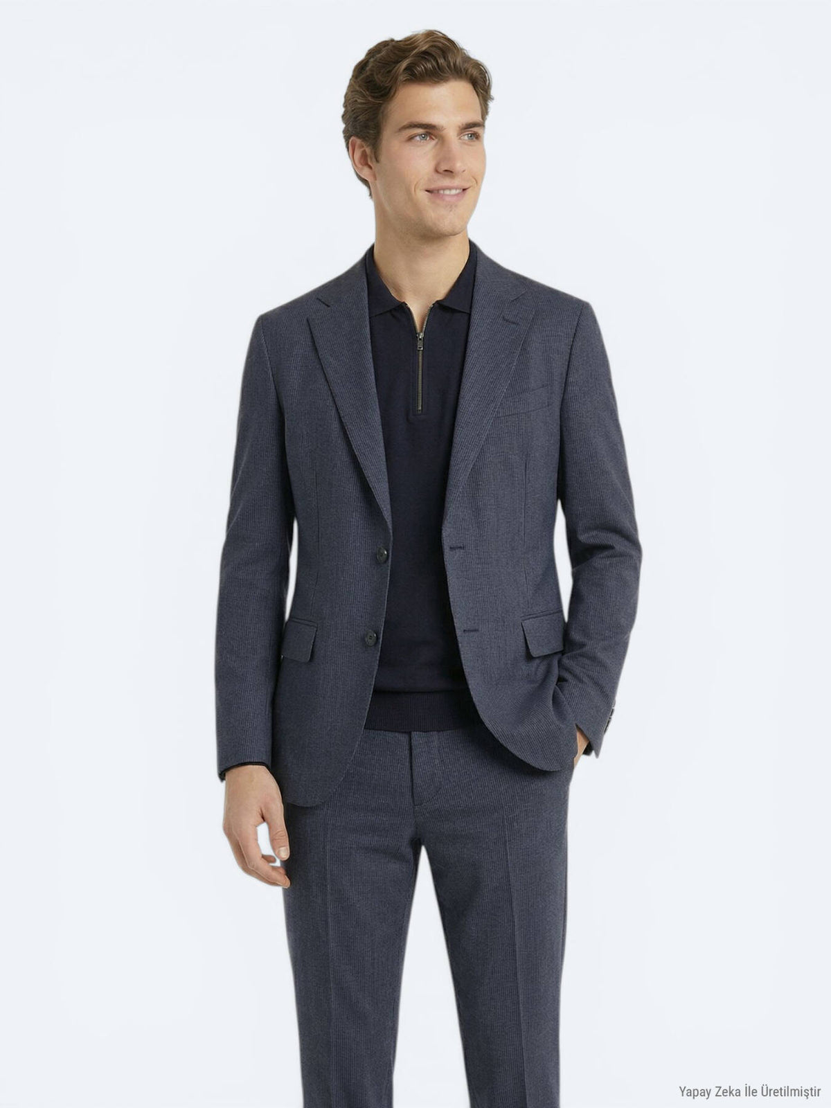Indigo Çizgili Modern Fit Takım Elbise
