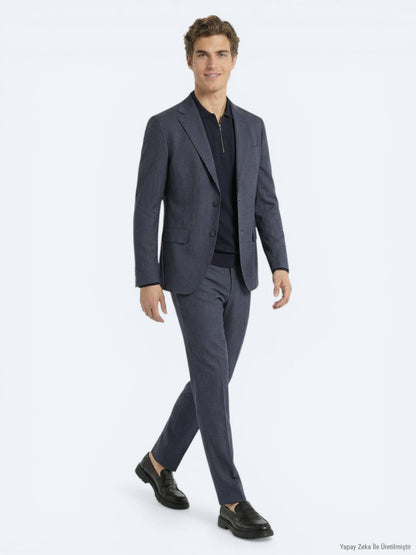 Indigo Çizgili Modern Fit Takım Elbise