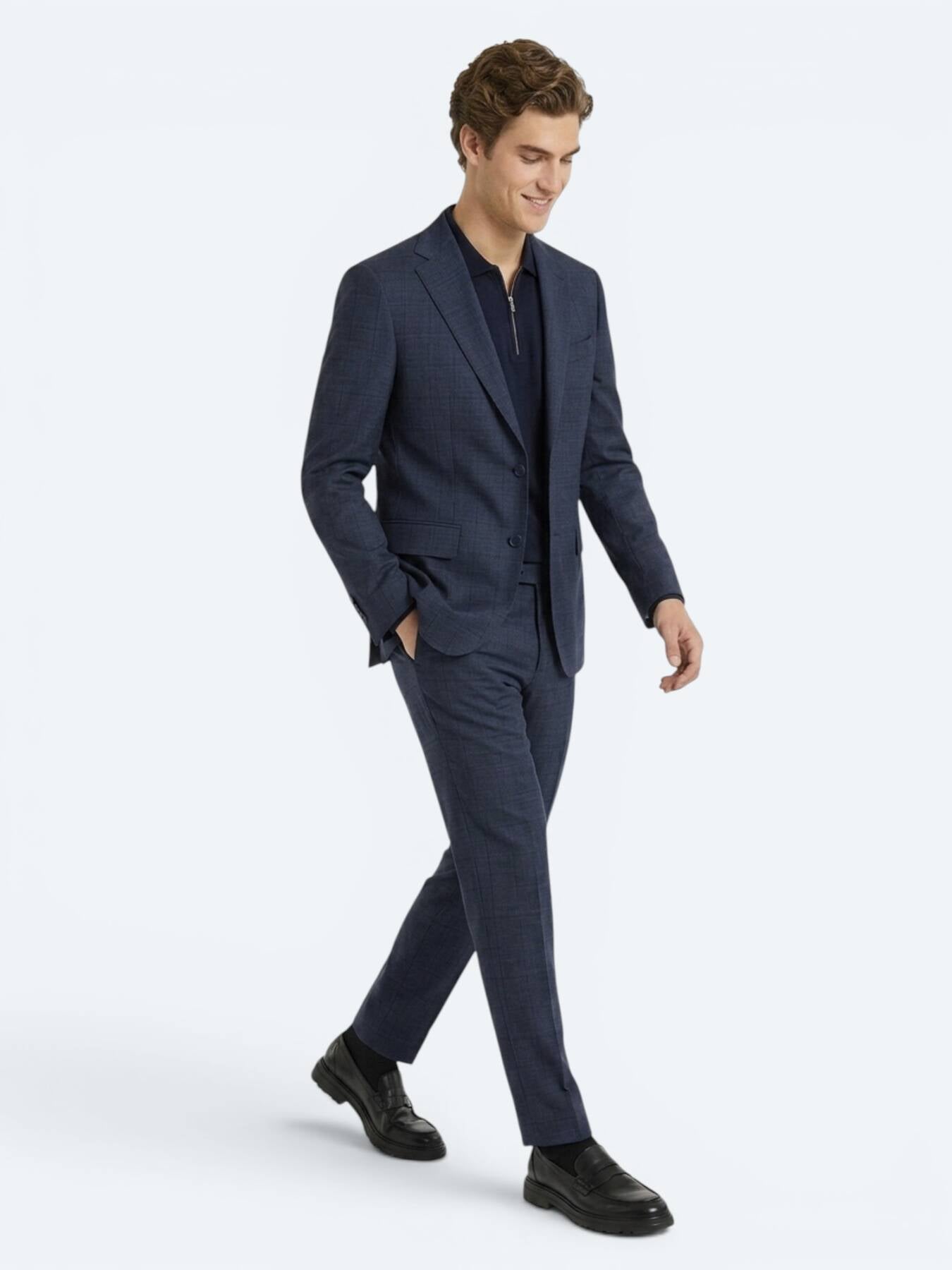 Indigo Çizgili Modern Fit Yün Karışımlı Takım Elbise