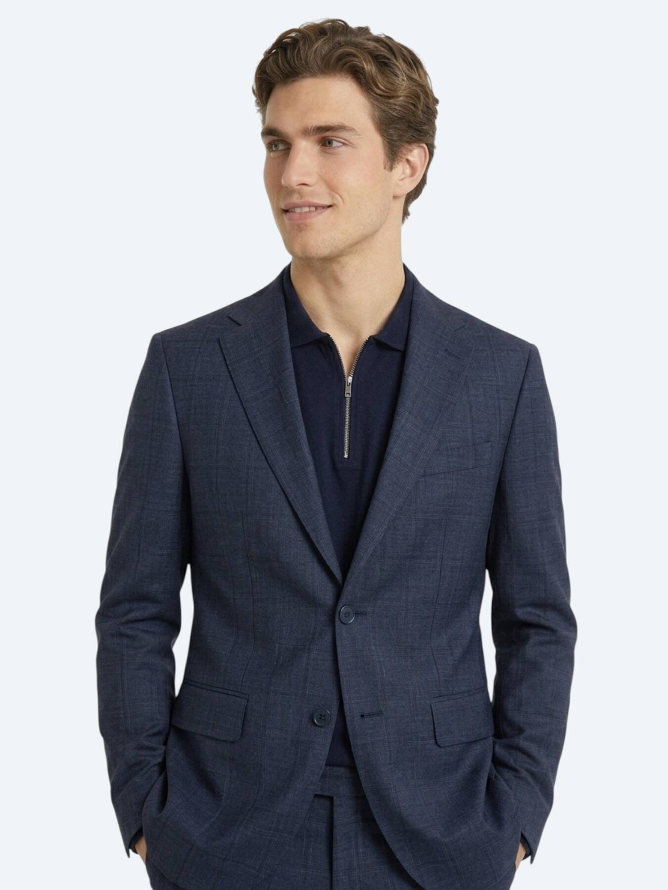 Indigo Çizgili Modern Fit Yün Karışımlı Takım Elbise