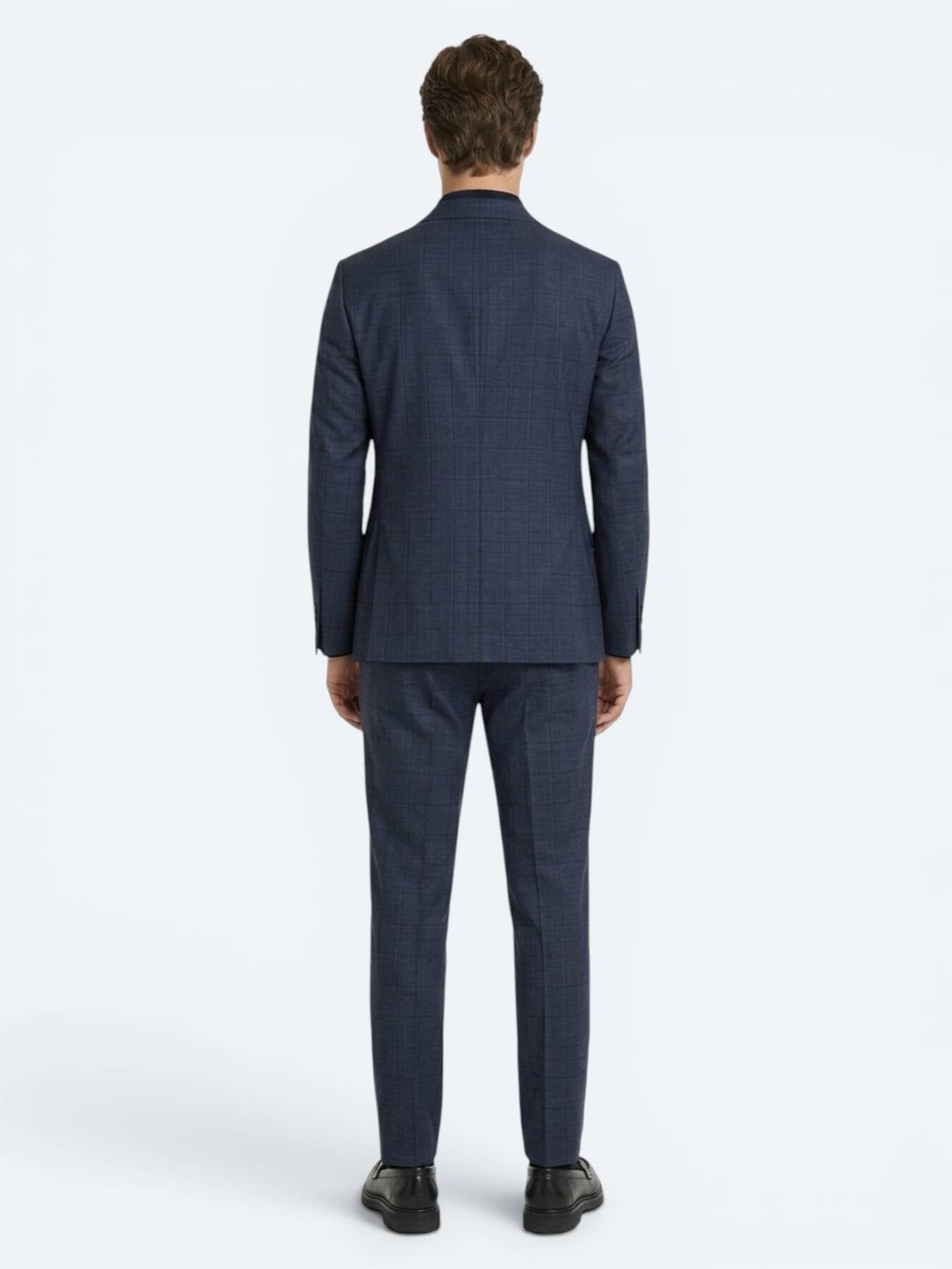 Indigo Çizgili Modern Fit Yün Karışımlı Takım Elbise
