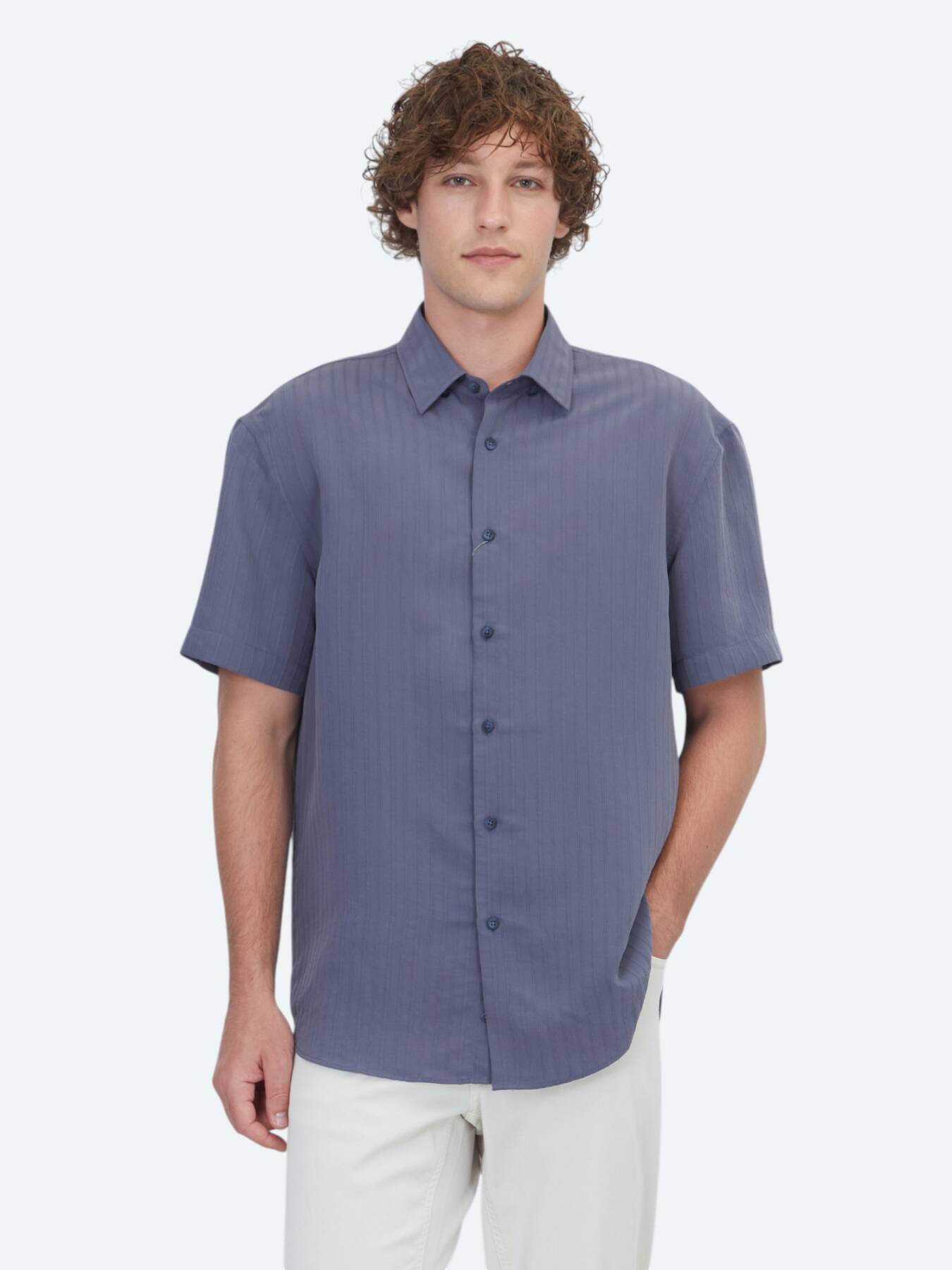 Indigo Çizgili Oversize Fit Kısa Dokuma Casual Gömlek