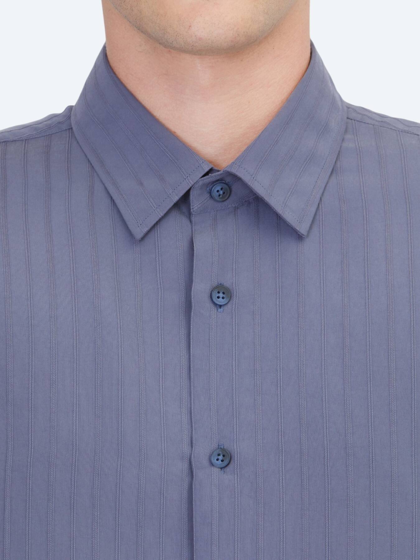 Indigo Çizgili Oversize Fit Kısa Dokuma Casual Gömlek