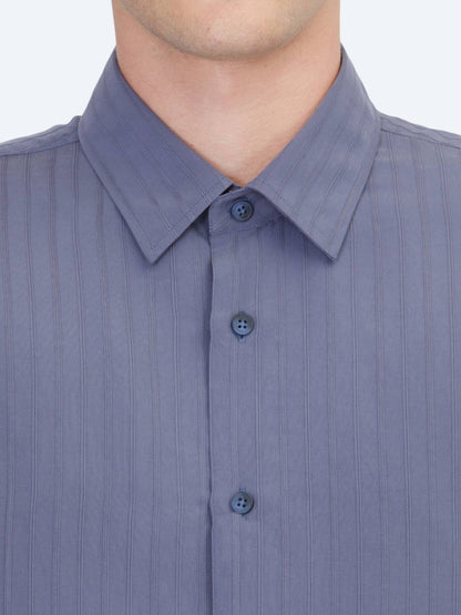 Indigo Çizgili Oversize Fit Kısa Dokuma Casual Gömlek