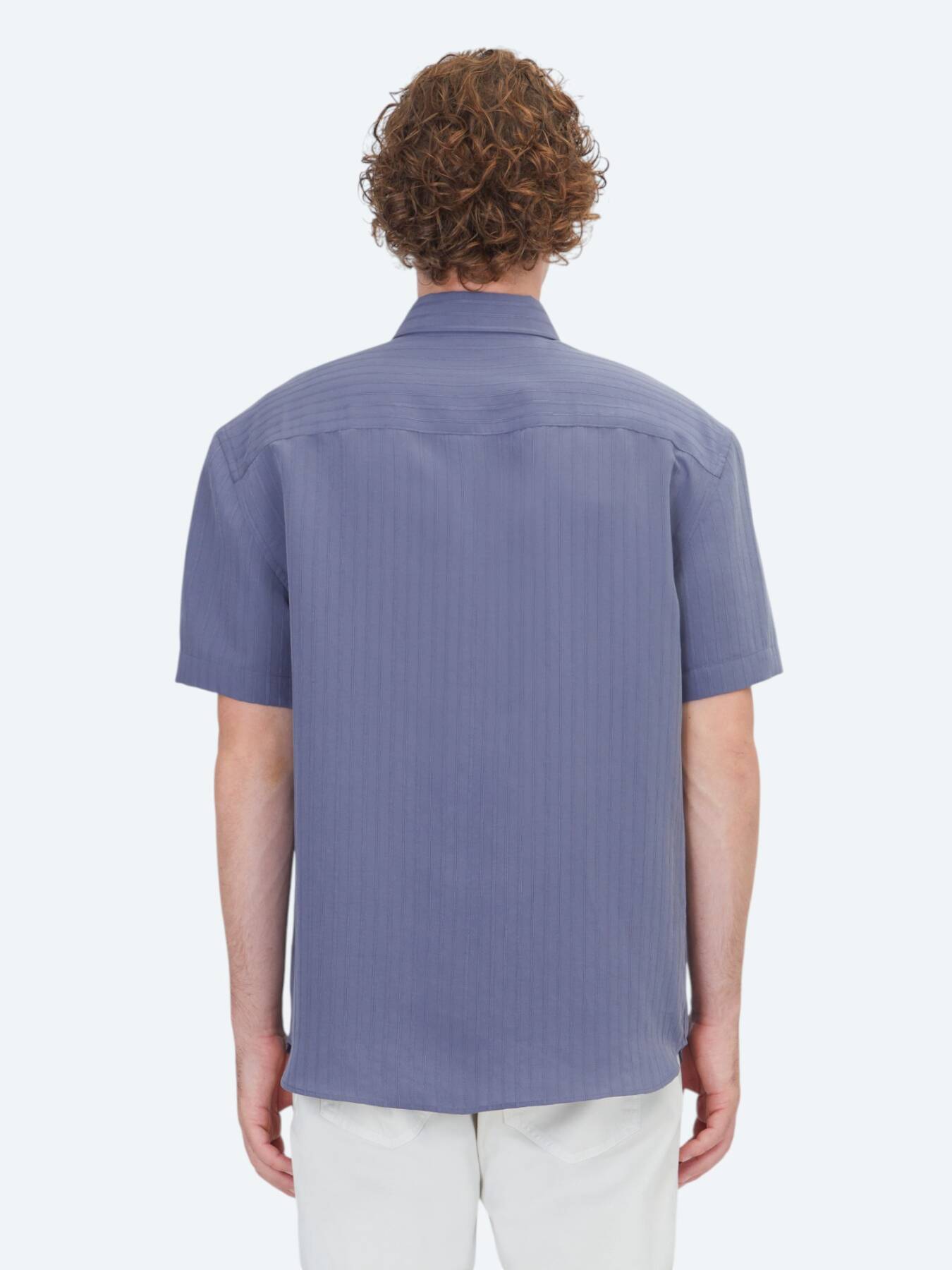 Indigo Çizgili Oversize Fit Kısa Dokuma Casual Gömlek