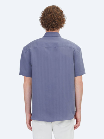 Indigo Çizgili Oversize Fit Kısa Dokuma Casual Gömlek