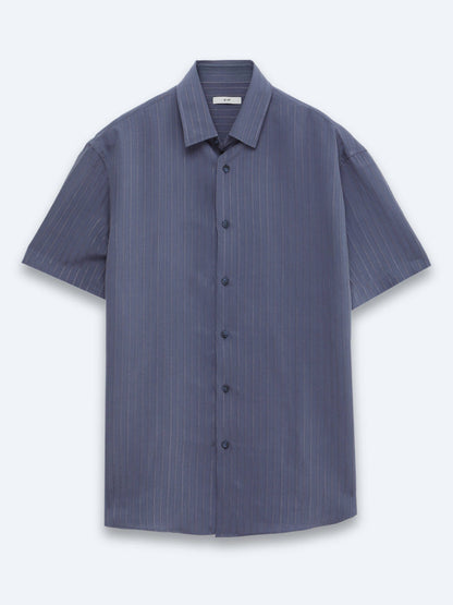 Indigo Çizgili Oversize Fit Kısa Dokuma Casual Gömlek
