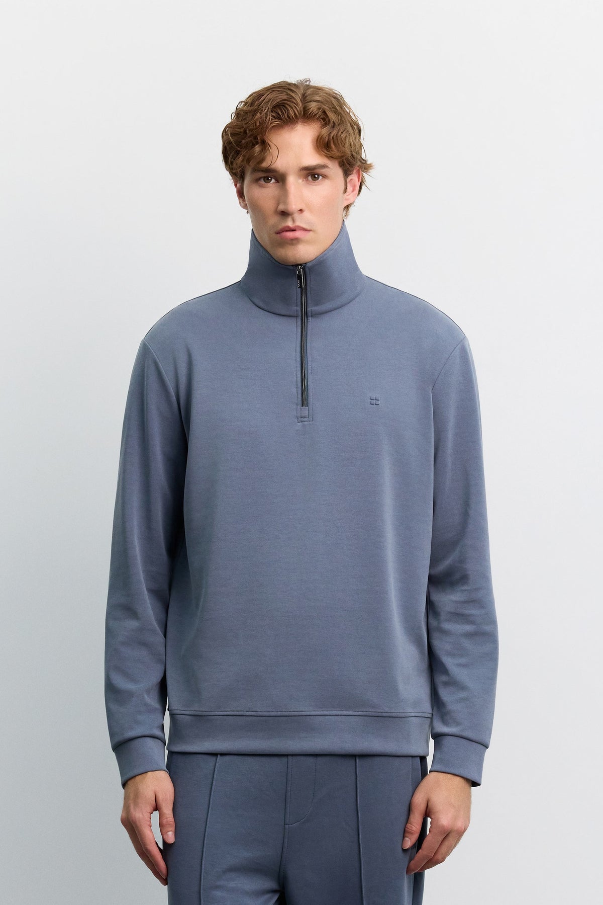 Indigo Dik Yaka Fermuarlı Modal Karışımlı Soft Touch Sweatshirt