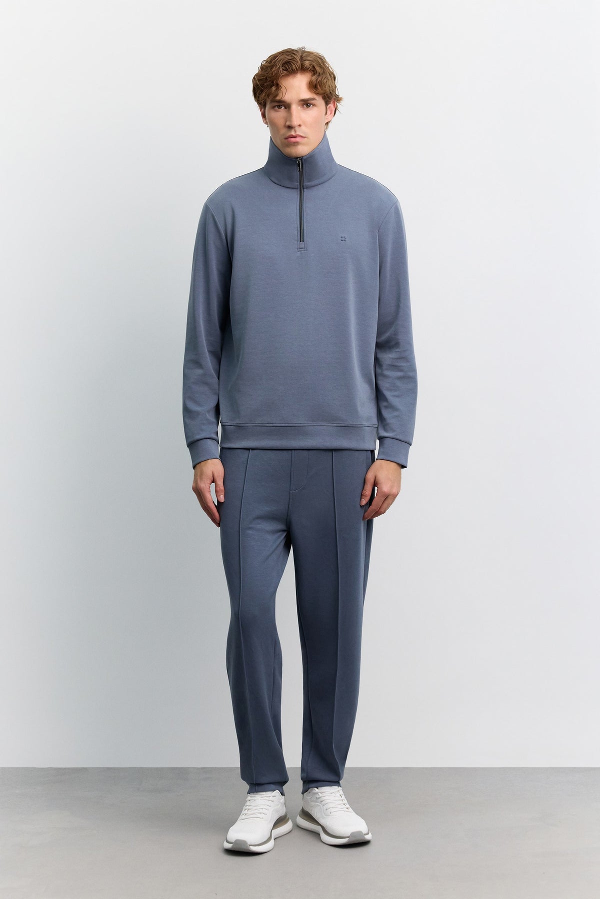 Indigo Dik Yaka Fermuarlı Modal Karışımlı Soft Touch Sweatshirt