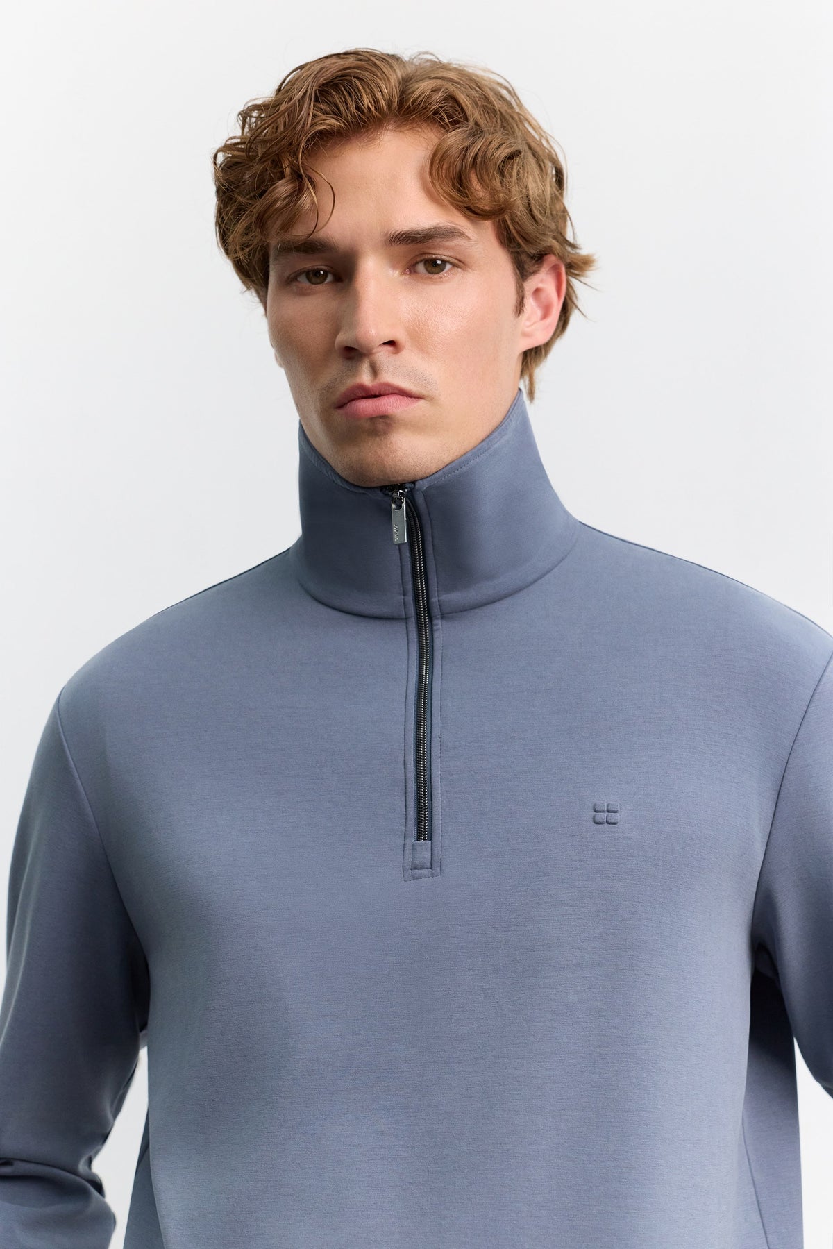 Indigo Dik Yaka Fermuarlı Modal Karışımlı Soft Touch Sweatshirt