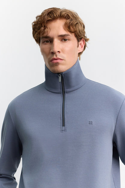 Indigo Dik Yaka Fermuarlı Modal Karışımlı Soft Touch Sweatshirt