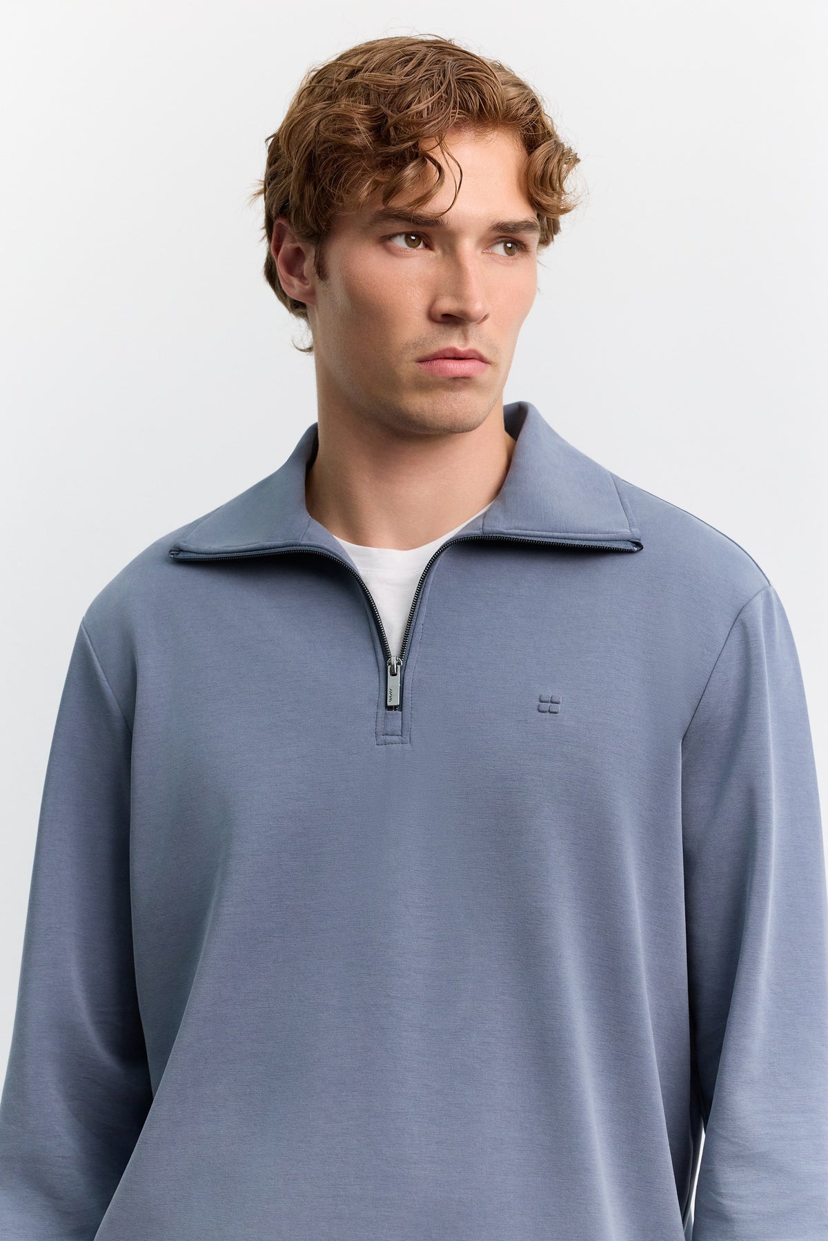 Indigo Dik Yaka Fermuarlı Modal Karışımlı Soft Touch Sweatshirt