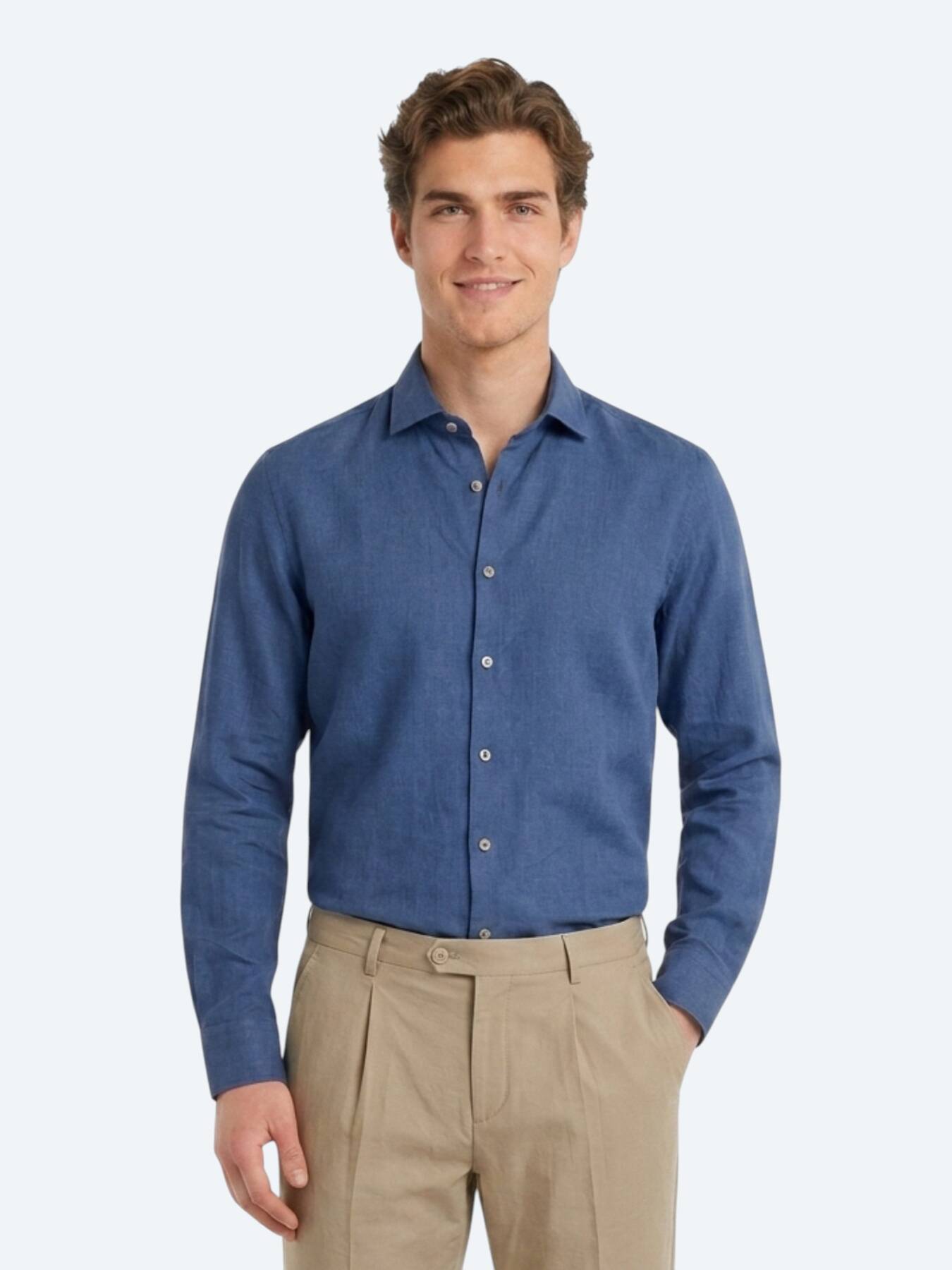 Indigo Düz Regular Fit Uzun Dokuma Casual Pamuk Karışımlı Gömlek