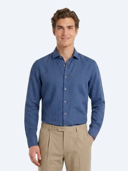 Indigo Düz Regular Fit Uzun Dokuma Casual Pamuk Karışımlı Gömlek
