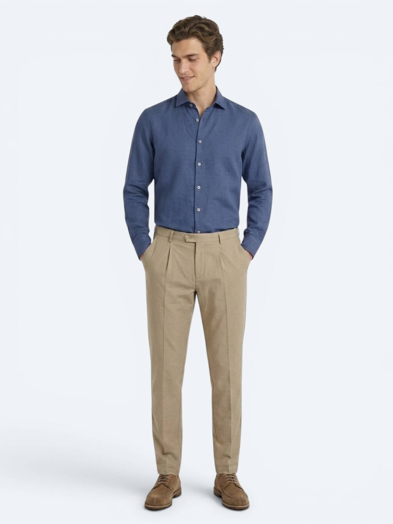 Indigo Düz Regular Fit Uzun Dokuma Casual Pamuk Karışımlı Gömlek