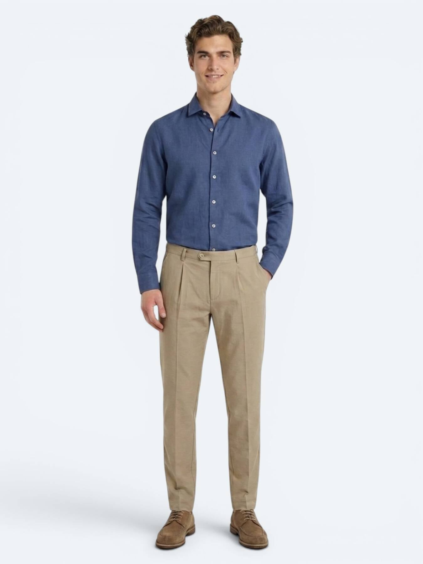 Indigo Düz Regular Fit Uzun Dokuma Casual Pamuk Karışımlı Gömlek