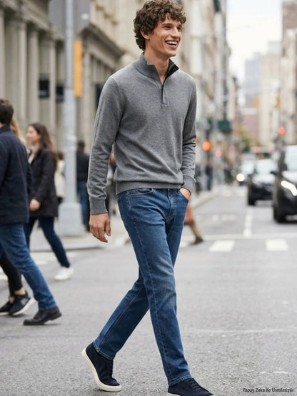 Indigo Düz Slim Fit Denim Pamuk Karışımlı Pantolon