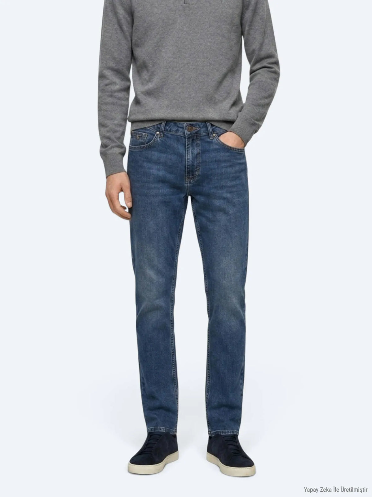 Indigo Düz Slim Fit Denim Pamuk Karışımlı Pantolon